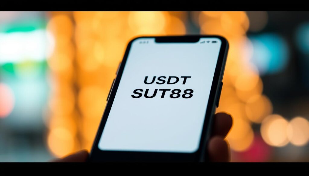 A close-up image of a smartphone screen displaying a digital wallet interface with the text &amp;amp;quot;USDT SUT88&amp;amp;quot; prominently featured. The screen is set against a blurred, out-of-focus background, creating a sense of depth and focus on the central element. The interface is clean, modern, and intuitive, with clear buttons and icons for depositing funds. The lighting is soft and diffused, creating a warm, inviting atmosphere. The overall composition conveys a sense of ease and simplicity in the process of depositing USDT into the SUT88 platform.