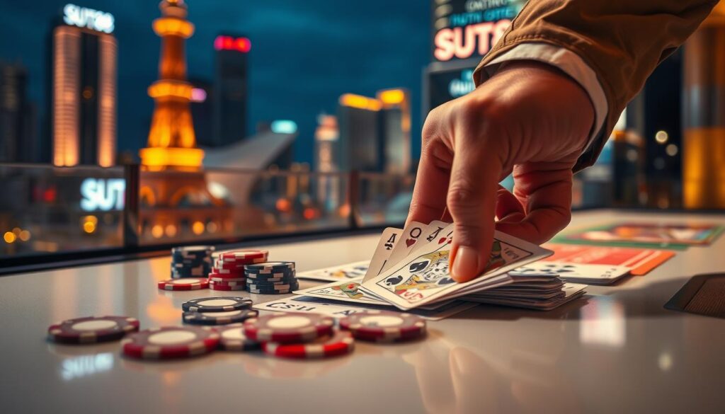 A close-up view of a hand carefully arranging casino chips, poker cards, and betting slips on a sleek, modern table. The lighting is warm and focused, highlighting the intricate patterns and textures of the gaming materials. In the background, a blurred cityscape of high-rise buildings and neon signs suggests an urban, fast-paced environment. The composition conveys a sense of strategic planning, calculated risk, and the expertise of experienced gamblers at SUT88 casino. The overall mood is one of concentration, excitement, and the pursuit of financial success through effective betting tactics.