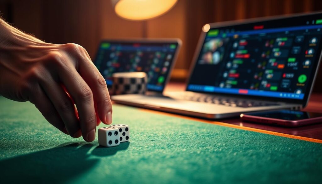 A close-up view of a hand rolling dice on a felt-covered table, with a laptop and mobile phone in the background, showcasing the sleek and modern interface of the SUT88 sports betting platform. The image should convey a sense of strategy, precision, and the thrill of making successful bets, capturing the essence of &quot;effective sports betting techniques at SUT88&quot;. The lighting should be warm and inviting, with a shallow depth of field to emphasize the key elements. The overall composition should strike a balance between the technical details of the betting platform and the excitement of the gaming experience.