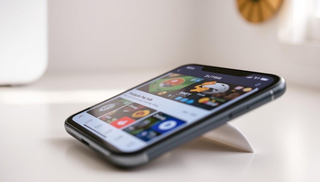 A close-up view of an iPhone or iPad device displaying the SUT88 app interface. The device is situated on a clean, minimalist desk or table, with a soft, diffused lighting illuminating the screen and creating subtle shadows. The display showcases the app's user-friendly design, intuitive navigation, and visually appealing graphics. The device is angled slightly to showcase the app's key features and functionality, conveying a sense of approachability and user-centricity. The background is blurred, allowing the device and app interface to be the focal point, emphasizing the simplicity and accessibility of the &quot;Tải ứng dụng SUT88 cho iOS&quot; experience.