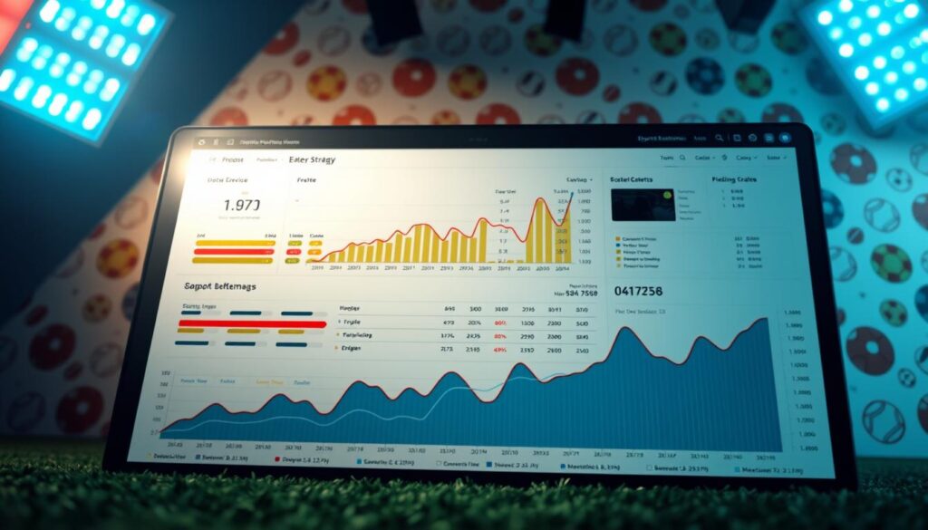 A comprehensive data analysis dashboard showcasing effective sports betting strategies. In the foreground, a detailed graph illustrates key performance metrics and betting patterns. The middle ground features a clean, minimalist interface with interactive visualizations. In the background, a subtle sports-themed pattern sets the scene, evoking the excitement of sports betting. The overall mood is one of data-driven confidence and analytical precision, empowering the viewer to make informed betting decisions. Soft, directional lighting from the top left casts an authoritative glow, reinforcing the credibility of the insights presented. The camera angle is slightly elevated, conveying a sense of control and mastery over the subject matter.