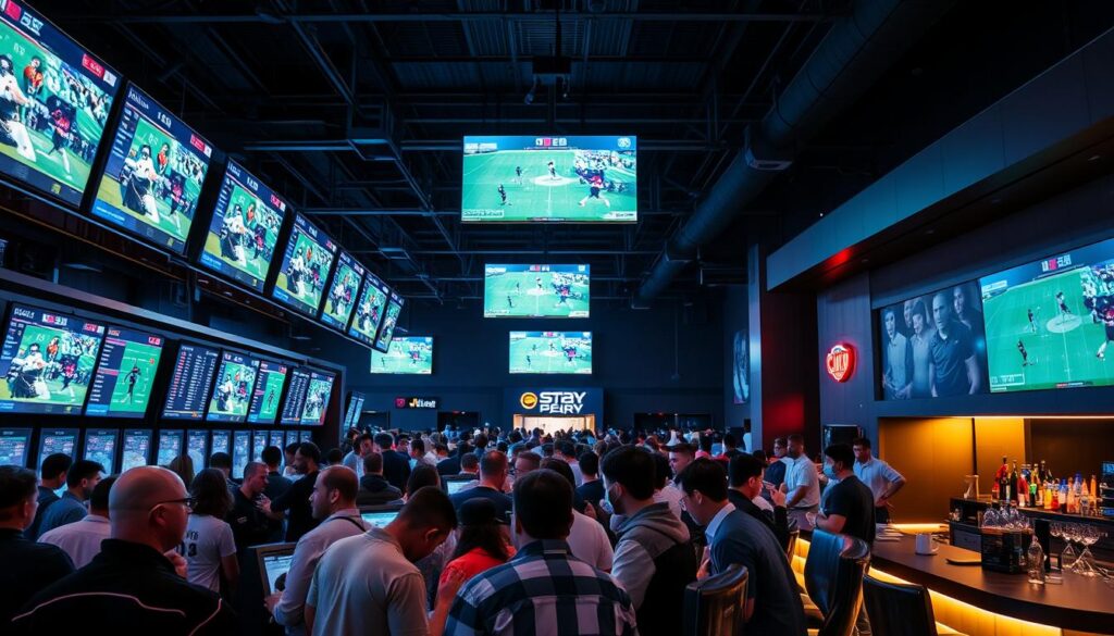 A crowded sports betting hall during peak hours, with bettors intently focused on multiple large screens displaying live sports events. The dimly lit space is punctuated by the glow of LED displays, creating an atmosphere of anticipation and excitement. In the foreground, a group of friends huddled around a betting terminal, analyzing statistics and placing wagers. The middle ground is filled with rows of betting stations, while the background features a sleek, modern bar area serving refreshments. Soft neon lighting casts a warm, inviting glow, complementing the energy of the bustling environment. The scene captures the thrill and camaraderie of sports betting at its most electrifying moment.