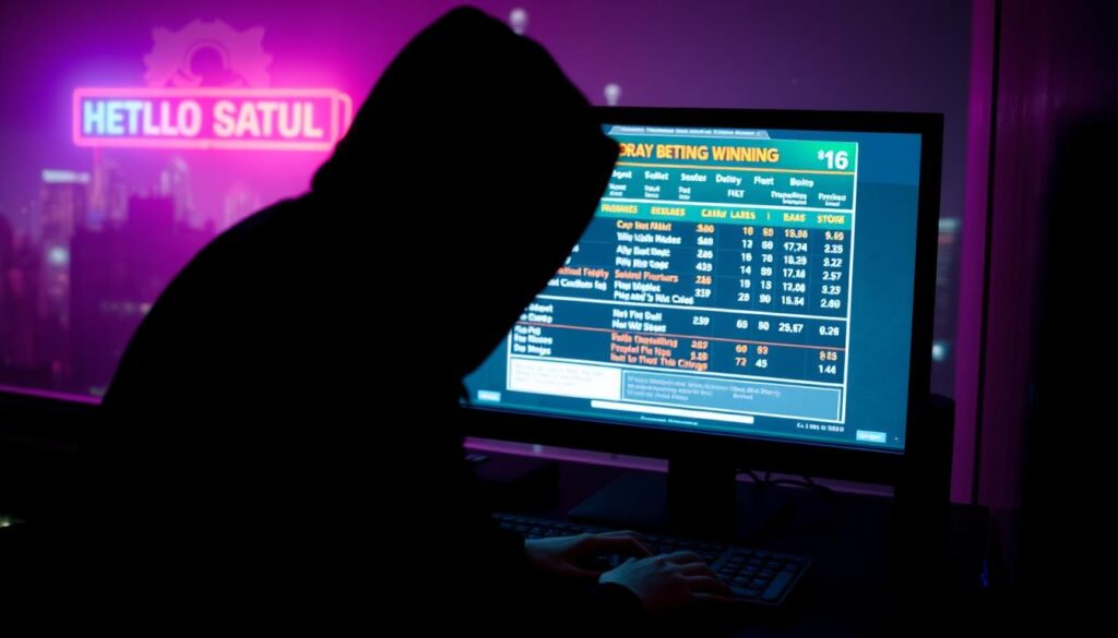 A dark, ominous scene of an online betting scam unfolding. In the foreground, a shadowy figure lurks, their face obscured, attempting to lure an unsuspecting victim with the promise of easy winnings. The middle ground reveals a glowing computer screen, displaying fraudulent betting odds and false promises. In the background, a hazy, neon-tinged cityscape suggests the urban anonymity that enables such deceptions. The lighting is moody, casting an unsettling atmosphere, as if the viewer is being drawn into the predatory scheme. The composition emphasizes the predator-prey dynamic, with a sense of tension and unease pervading the scene.