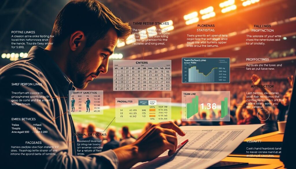A detailed infographic showcasing the key elements of effective sports betting odds analysis. In the foreground, a sports bettor examines a spreadsheet of betting lines and odds, deep in concentration. The middle ground features visualizations of statistical data, team performance metrics, and probability calculations. In the background, a sports stadium scene with fans cheering sets the scene. Warm lighting illuminates the workspace, creating a focused, professional atmosphere. The image should convey the importance of thorough, data-driven betting strategy to maximize returns.