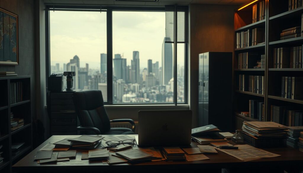 A dimly lit office interior, with a desk and chair in the foreground. On the desk, a laptop and papers are scattered, conveying a sense of disorganization. The walls are adorned with shelves, displaying various files and documents. The lighting is warm and subdued, creating a somber atmosphere. In the background, a window offers a view of a bustling city skyline, suggesting the high-stakes nature of the business. The overall scene evokes a sense of the challenges and disadvantages associated with the SUT88 betting platform.