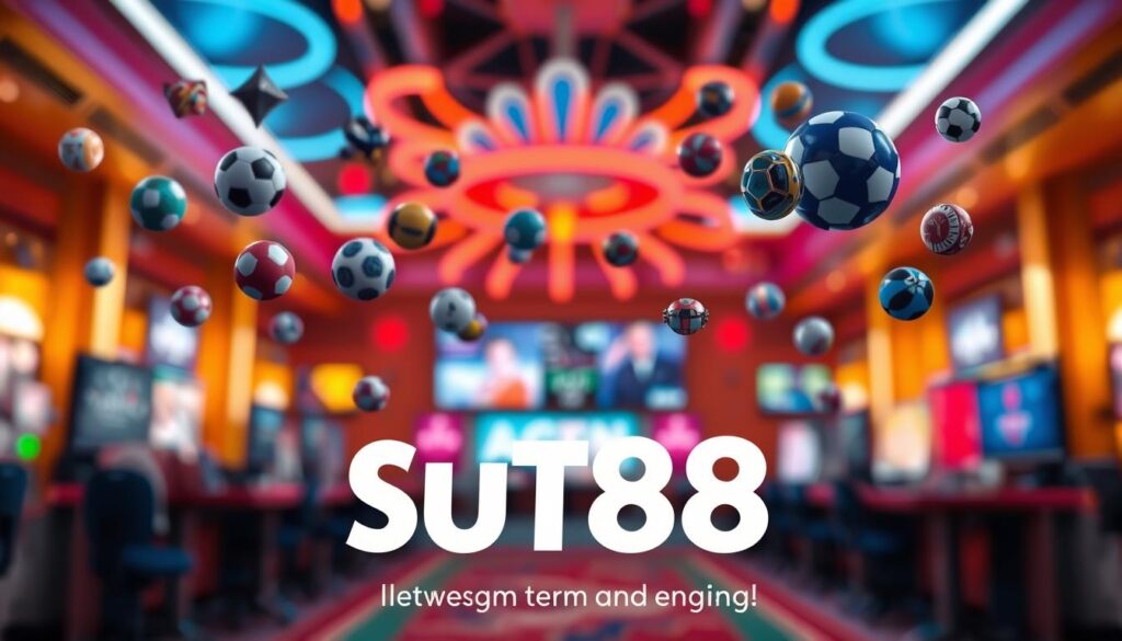 A diverse array of betting products at SUT88 IO, showcased in a sleek and modern interface. In the foreground, a variety of sports and casino icons float against a blurred background of vibrant neon lights, creating a dynamic and visually captivating scene. The middle ground features a clean, minimalist layout with clean typography and subtle branding, hinting at the platform's user-friendly experience. The background is bathed in a warm, welcoming glow, setting an atmosphere of excitement and anticipation for long-term gaming at SUT88 IO.