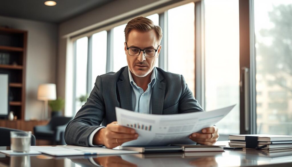 A financial advisor sitting at a desk, meticulously reviewing financial statements and spreadsheets. The office is well-lit, with soft, warm lighting filtering through large windows, creating a sense of calm and professionalism. The advisor's expression is one of concentration and attention to detail, conveying their expertise and dedication to managing financial risks. The background features minimalist decor, with clean lines and muted colors, allowing the focus to remain on the advisor and their work. The overall mood is one of control, stability, and responsible financial management.