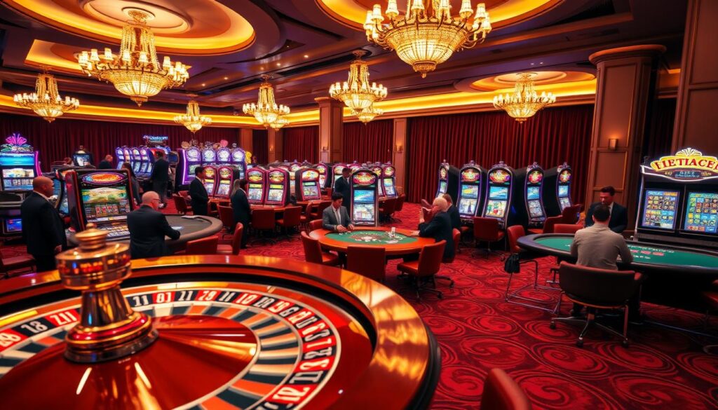 A lavish casino interior, with a variety of gaming tables and slot machines arranged in a visually captivating layout. The scene is bathed in a warm, golden light, creating a luxurious ambiance. In the foreground, a roulette wheel spins, its polished wooden surface gleaming. Nearby, a blackjack table is surrounded by well-dressed patrons, their faces filled with anticipation. In the middle ground, rows of vibrant, neon-lit slot machines beckon players, their screens displaying a diverse array of iconic casino symbols. The background features elegant chandeliers, plush velvet curtains, and a sense of opulence that evokes the excitement and glamour of a premier gaming establishment.