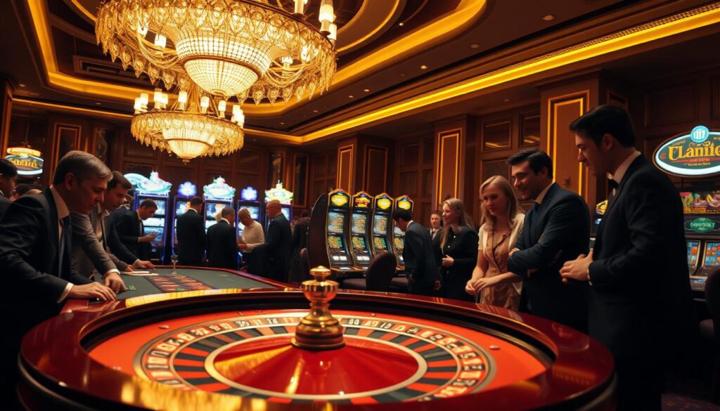 A luxurious casino interior, dimly lit with warm, golden lighting. In the foreground, a roulette table with elegant wooden trim and a felt surface, the spinning wheel and ball creating a hypnotic dance. Around the table, smartly dressed patrons lean in, their expressions a mix of concentration and anticipation. In the middle ground, rows of slot machines beckon, their screens flashing alluring symbols. The background is dominated by a grand, ornate chandelier that casts a soft, inviting glow over the scene. The overall atmosphere is one of excitement, chance, and the thrill of the game.