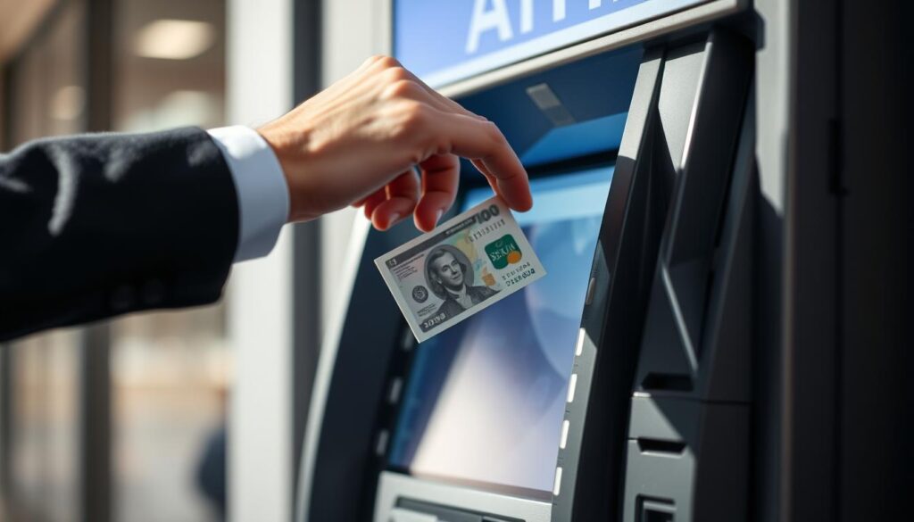 A man's hand rapidly withdrawing cash from an ATM machine, conveying the speed and efficiency of the withdrawal process. The machine is prominently featured, with a sleek, modern design and a bright display. The background is blurred, creating a sense of focus on the action at hand. The lighting is natural and slightly directional, casting subtle shadows that add depth and dimension to the scene. The overall tone is one of professionalism and ease, reflecting the seamless and reliable nature of the SUT88 platform.