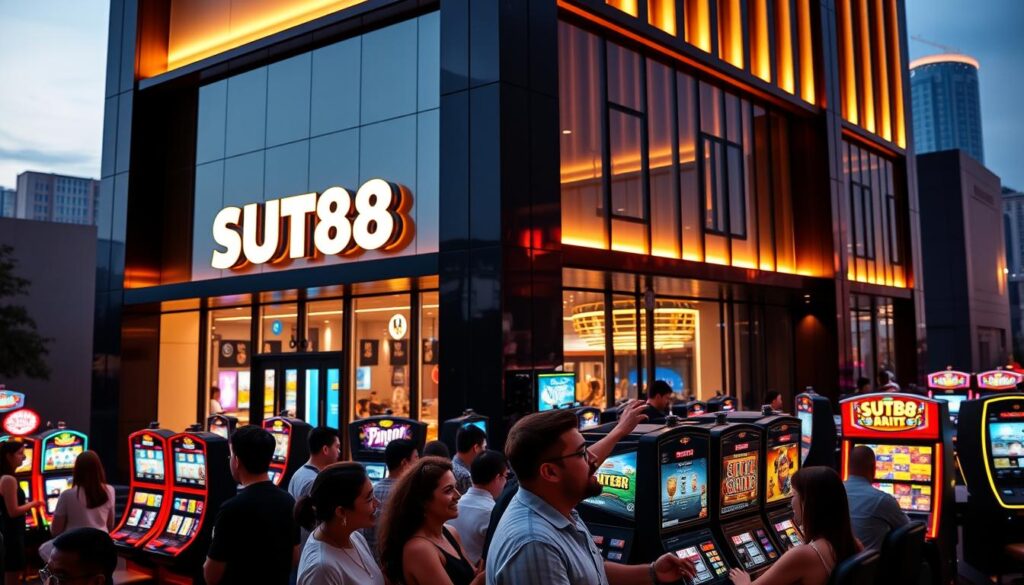 A modern and sleek casino facade with the SUT88 logo prominently displayed, illuminated by warm lighting. The building's architecture features clean lines, large windows, and a minimalist design, exuding a sense of sophistication and luxury. In the foreground, a group of people enthusiastically playing various slot machines, their expressions animated with excitement and anticipation. The middle ground showcases the vibrant and energetic atmosphere of the casino, with neon lights and lively activity. The background depicts a bustling city skyline, hinting at the cosmopolitan nature of the SUT88 establishment. The overall scene conveys the thrill and allure of the SUT88 slot gaming experience.
