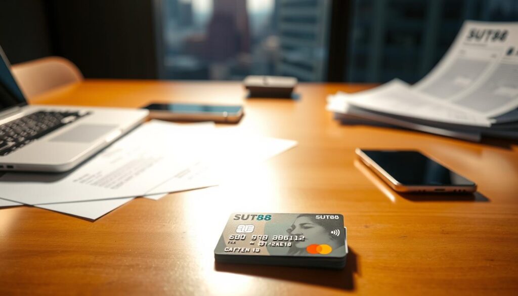 A neatly organized desk with a laptop, mobile phone, and banking documents, bathed in warm, directional lighting. In the foreground, a stack of cash and a SUT88 debit card sit prominently, drawing the viewer's attention to the core subject. The background features a blurred cityscape, hinting at the broader financial context. The overall tone is one of professionalism and attention to detail, emphasizing the importance of the transaction at hand.