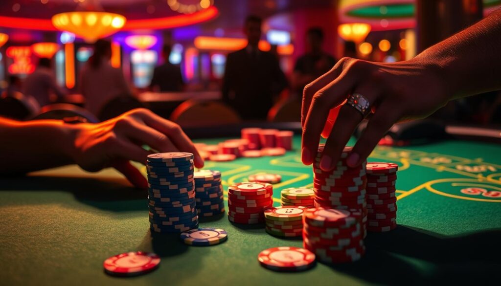 A neon-lit casino table, the green felt surface a canvas for strategic chip placement. Stacks of vibrant SUT88 casino chips, their colors a vibrant representation of the player's financial resources. Shadowed hands carefully manipulate the chips, expertly navigating the game's ebb and flow. The table is illuminated by a warm, focused light, creating a sense of intensity and focus. In the background, the blurred silhouettes of other players and the faint sounds of the casino create an immersive atmosphere. The overall scene conveys a sense of calculated risk-taking, where the player's capital management skills are the key to success.