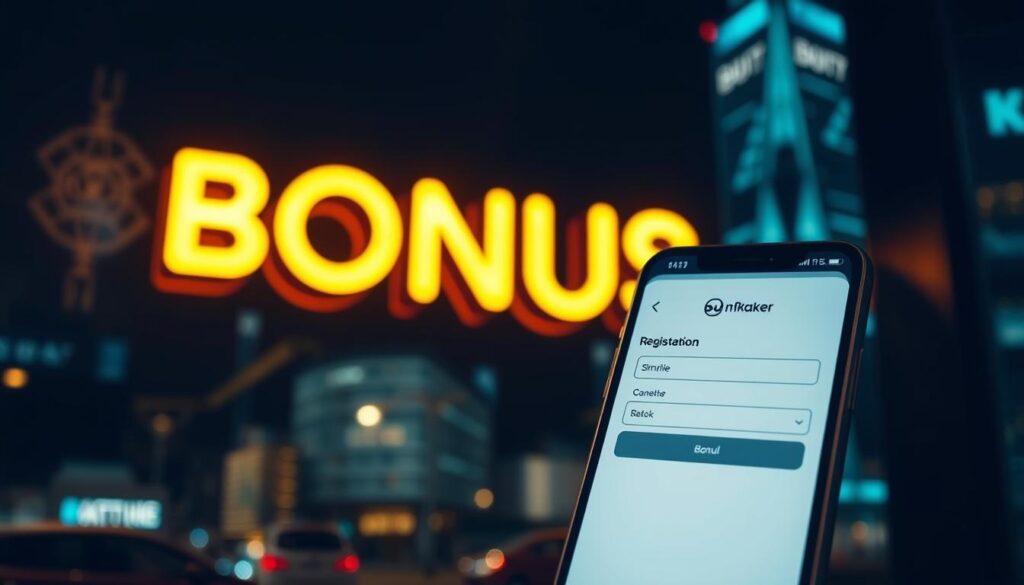 A neon sign in a modern, sleek style illuminates the words &quot;ĐĂNG KÝ SUT88 NHẬN KHUYẾN MÃI&quot; against a dark, atmospheric background. The sign emits a warm, vibrant glow that casts a soft light across the scene. In the foreground, a smartphone is prominently displayed, its screen showcasing the SUT88 logo and a simple registration form. The background features a blurred cityscape, hinting at the urban setting and the digital nature of the promotion. The overall mood is one of excitement and opportunity, inviting the viewer to engage with the SUT88 offer.