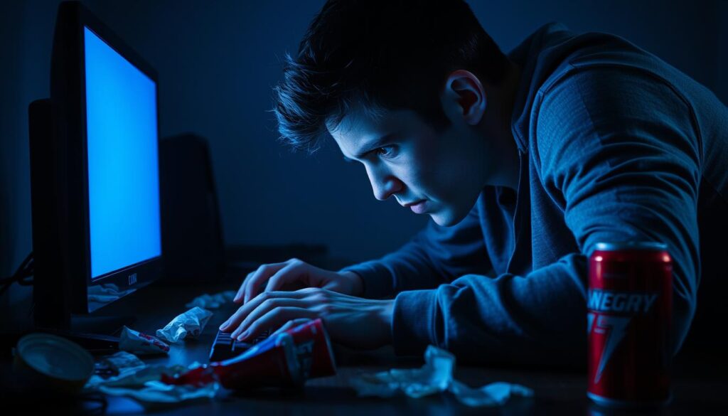 A person hunched over a glowing computer screen, face lit by the harsh blue light, eyes strained and unfocused. The room is dimly lit, creating an atmosphere of isolation and obsession. Discarded snack wrappers and empty energy drink cans litter the desk, evidence of prolonged, unhealthy gaming sessions. The person's posture is tense, fingers frantically tapping the keyboard, a clear sign of addiction. The image conveys the overwhelming and all-consuming nature of excessive gaming, highlighting the physical and mental toll it can take on an individual.