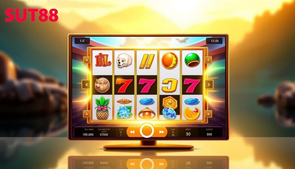 A serene and calming slot demo game screen on the SUT88 platform, showcasing the alluring symbols and vibrant colors of the slot machine. The screen is bathed in a warm, golden light, creating a welcoming and inviting atmosphere. The slot reels are positioned prominently in the center, surrounded by a sleek and modern interface that highlights the various game features and control options. The background features a blurred, out-of-focus landscape, suggesting a sense of tranquility and relaxation. The overall composition conveys the enjoyment and benefits of exploring the slot demo before committing to real-money gameplay.