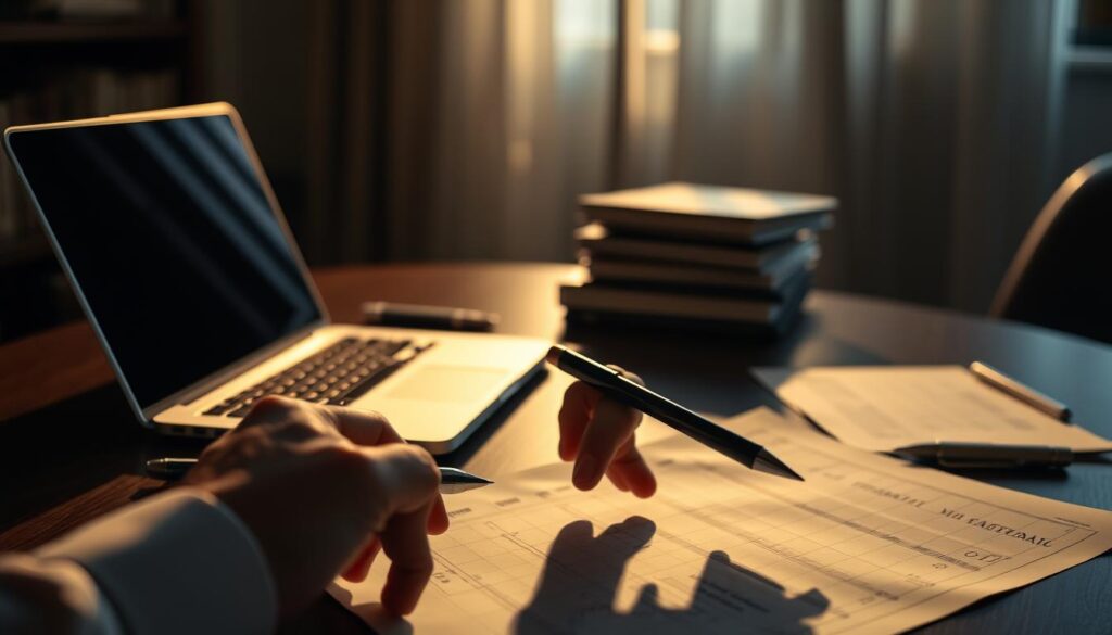 A serene, dimly-lit office scene with a laptop, pen, and a stack of financial documents on a mahogany desk. Soft, warm lighting casts long shadows, creating a contemplative atmosphere. In the foreground, a hand carefully examines a chart, hinting at the strategic deliberation of an effective betting strategy. The background is slightly blurred, emphasizing the focus on the task at hand. The overall composition evokes a sense of thoughtful, calculated decision-making, reflecting the title &quot;Effective Betting Strategy&quot;.