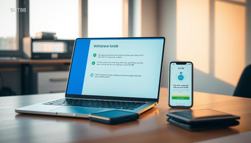 A serene office scene with a laptop, mobile phone, and wallet on a clean, minimalist wooden desk. The workspace is bathed in warm, natural lighting from a large window, creating a calming atmosphere. The laptop screen displays step-by-step instructions for withdrawing funds from the SUT88 platform, with a focus on the IO section. The mobile phone screen shows the SUT88 app interface, showcasing the withdrawal process. The wallet, placed next to the devices, symbolizes the ease and security of the transaction. The overall composition conveys a sense of efficiency, simplicity, and trust in the financial platform.