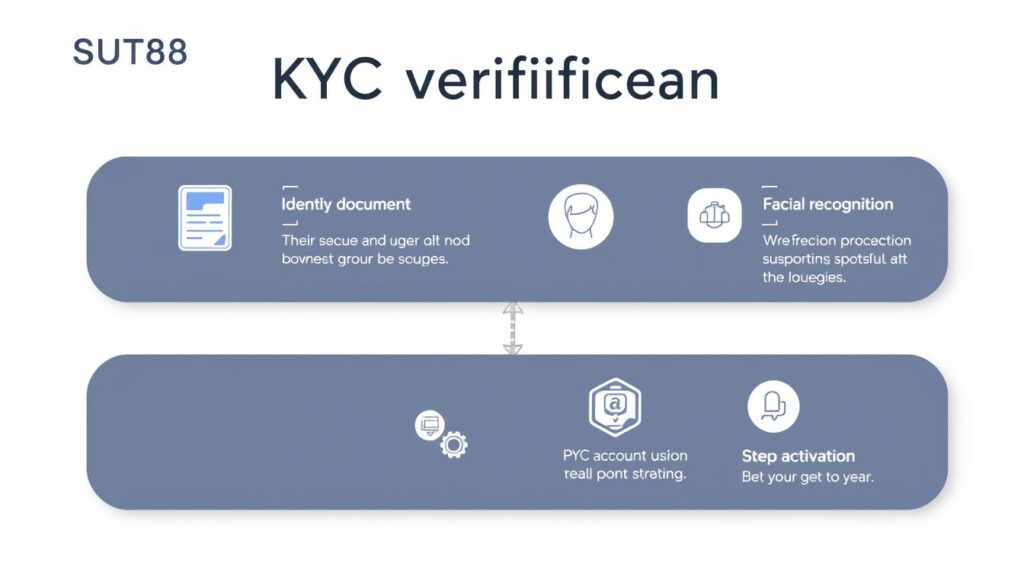 A sleek, minimalist illustration of the step-by-step KYC verification process on the SUT88 platform. A clean, well-lit overhead view showcases the key stages - identity document submission, facial recognition, and account activation - depicted as simple icons and infographic elements against a neutral, monochromatic background. The layout is structured yet elegant, guiding the viewer's eye through the seamless workflow. Subtle gradients and soft shadows lend depth and dimension, while the restrained color palette and geometric shapes convey a sense of professionalism and technological sophistication befitting the subject matter.