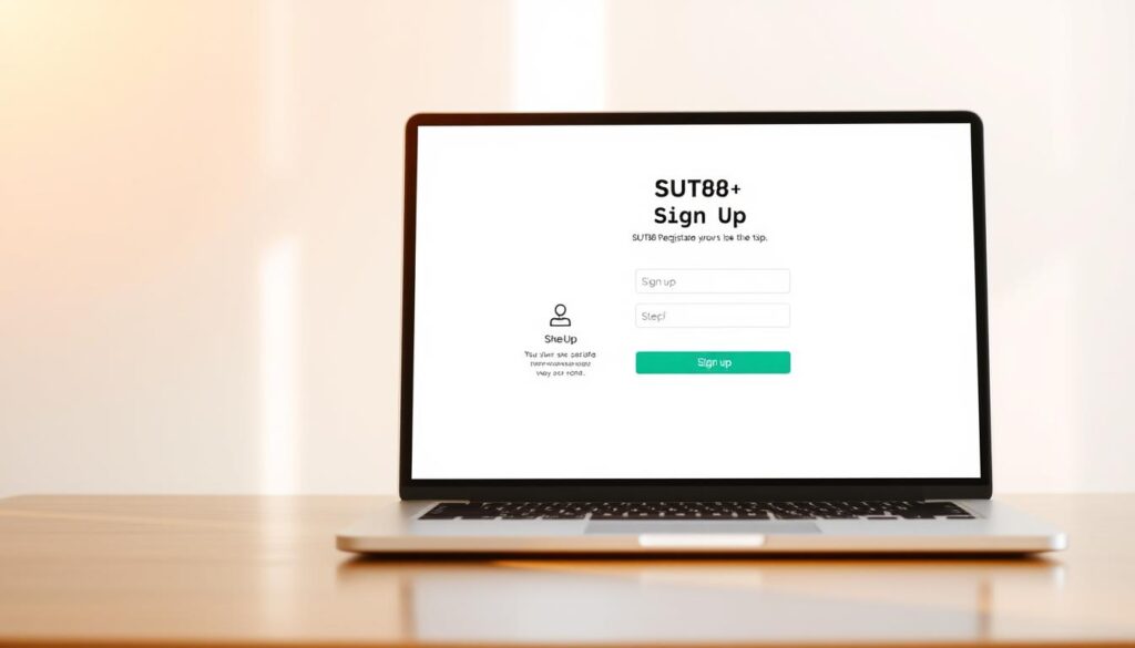 A sleek, minimalist interface showcasing the simple sign-up process for the SUT88 platform. A clean, white background accentuates the key steps, displayed as elegant icons and concise text. The foreground features a laptop or mobile device, its screen depicting the registration flow in a seamless, user-friendly manner. Warm, natural lighting casts a subtle glow, creating a sense of professionalism and trust. The overall composition conveys an efficient, streamlined experience, inviting the viewer to easily navigate the SUT88 registration process.