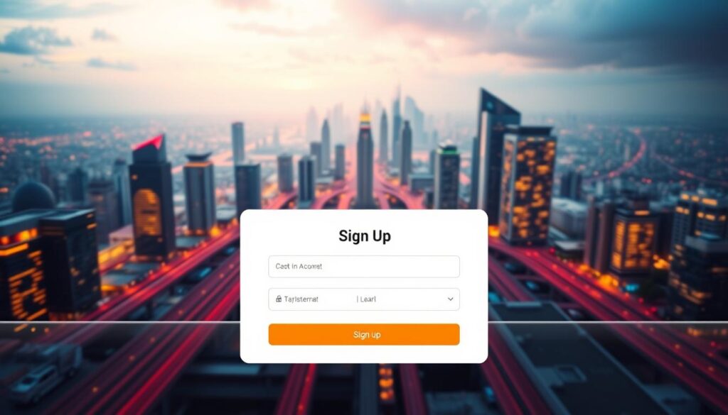 A sleek, modern UI design showcasing the &quot;Đăng ký dễ dàng SUT88&quot; process. The foreground features a clean, minimalist registration form with intuitive fields and an eye-catching &quot;Đăng ký&quot; button. The middle ground shows a seamless flow of digital currency transactions, with crisp icons and smooth animations. The background depicts a vibrant, futuristic cityscape, hinting at the platform's cutting-edge technology and secure infrastructure. Soft, diffused lighting creates a warm, inviting atmosphere, while the overall composition conveys a sense of efficiency, simplicity, and trustworthiness - reflecting the key values of the SUT88 platform.