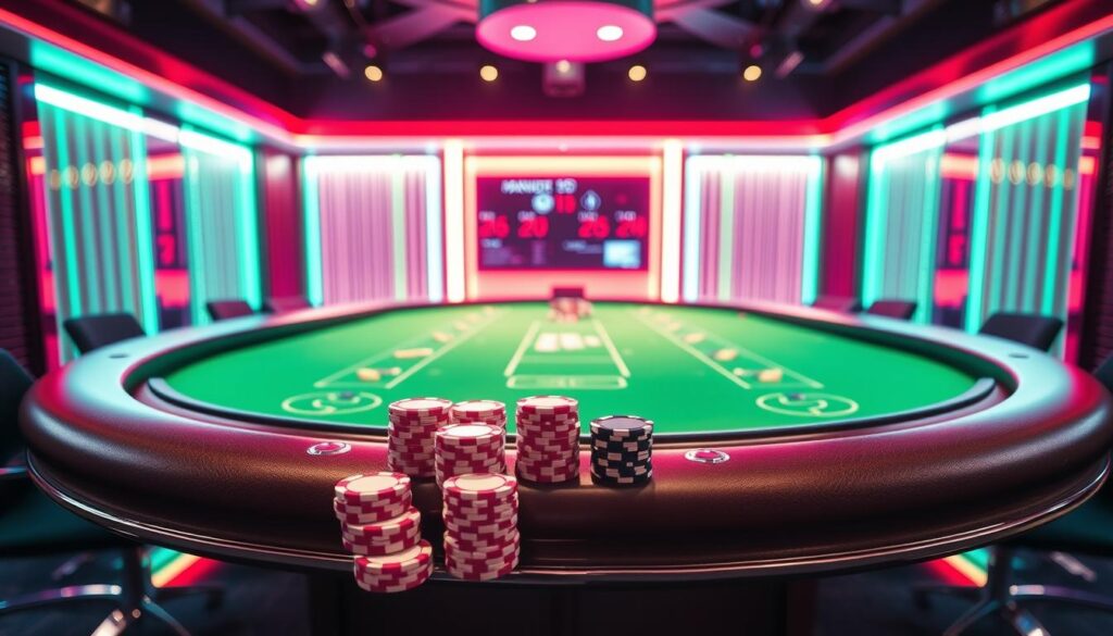A sleek, modern casino table set against a backdrop of vibrant, neon-infused lighting. The table's green felt surface reflects the glow, creating an inviting and energetic atmosphere. Poker chips in a variety of denominations are neatly stacked, hinting at the high-stakes gameplay and the thrill of maximum bets. The table's polished wood frame and chrome accents exude a sense of sophistication, while the overhead lighting casts dramatic shadows, adding depth and drama to the scene. The camera angle is slightly elevated, giving the viewer a bird's-eye perspective and a sense of immersion in the high-stakes world of online casino gaming.