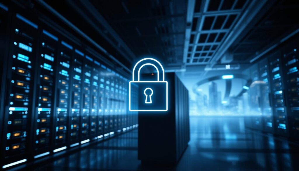 A sleek, modern data security concept. In the foreground, a stylized lock icon symbolizes the protection of sensitive information. The middle ground features a futuristic data center, with rows of secure servers and glowing holographic displays. The background depicts a cityscape, highlighting the importance of data security in a connected, digital world. Soft, directional lighting casts dramatic shadows, creating a sense of depth and technical sophistication. The overall mood is one of assurance, efficiency, and the power of advanced data protection technologies.