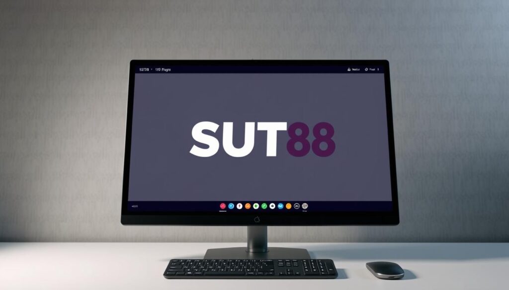 A sleek, modern desktop application with the SUT88 logo prominently displayed on the screen. The user interface features clean lines, intuitive controls, and a seamless integration of sports betting functionality. The application is presented in a well-lit, professional setting, with a slightly elevated camera angle to convey a sense of authority and trust. The background is minimalist, allowing the application to be the focal point, with subtle textures or gradients to provide depth and sophistication. The overall aesthetic should feel sophisticated, reliable, and tailored to the needs of the discerning PC user.