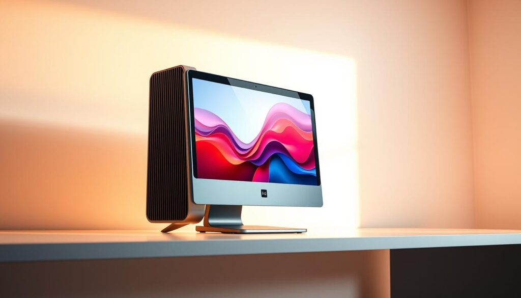A sleek, modern desktop computer with a minimalist design, showcasing the innovative features and performance of SUT88. The machine is placed on a clean, well-lit desk, bathed in warm, directional lighting that highlights its smooth, metallic chassis and clean lines. The display shows a vibrant, high-resolution image, emphasizing the visual quality and clarity delivered by SUT88. In the background, a stylized abstract pattern or minimalist artwork adds a touch of sophistication, complementing the overall aesthetic. The composition exudes a sense of professionalism, efficiency, and technological advancement, capturing the key strengths and appeal of the SUT88 device.