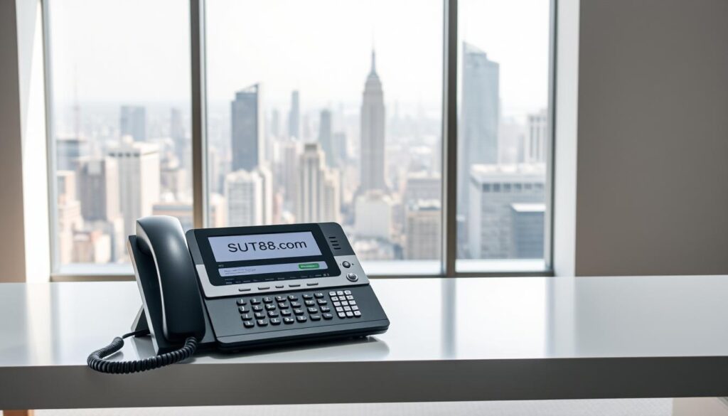 A sleek, modern office desk in a minimalist, well-lit workspace. On the desk, a professional-looking telephone and a laptop computer with an open web browser window displaying the website &quot;SUT88.com&quot;. The background features a large window overlooking a bustling city skyline, creating a sense of connectivity and accessibility. The lighting is soft and natural, highlighting the clean, sophisticated aesthetic. The overall tone conveys a sense of efficiency, reliability, and 24/7 customer support.