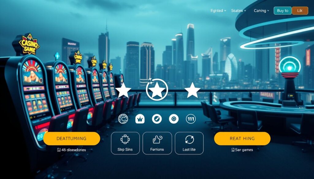A sleek, modern online casino interface with the SUT88 IO logo prominently displayed. The foreground showcases a variety of enticing casino games, from classic slot machines to live dealer tables, all rendered in high-definition. The middle ground features stylized icons and buttons, inviting the user to explore the various gaming options. In the background, a subtle cityscape scene with neon-lit skyscrapers sets an atmospheric, urban ambiance. The overall composition conveys a sense of sophistication, excitement, and technological innovation, highlighting SUT88 IO's position as a leading online casino destination.