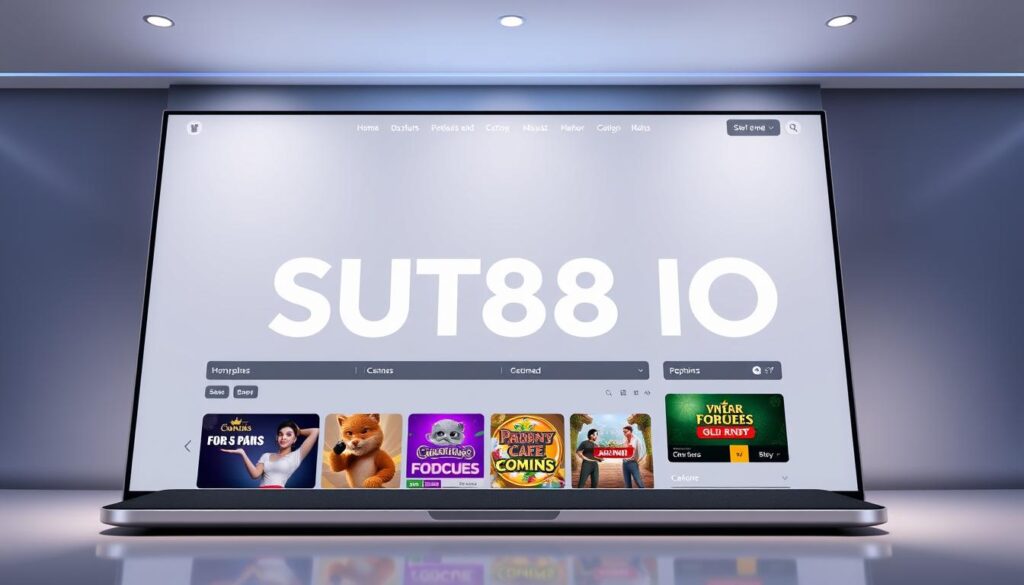 A sleek, modern online casino website with a minimalist design, featuring a prominent &quot;SUT88 IO&quot; logo prominently displayed. The website interface has a clean, minimalist aesthetic with intuitive navigation and user-friendly layout. The background has a subtle gradient pattern, creating a sense of depth and sophistication. The overall color scheme is a harmonious blend of neutral tones and subtle accents, exuding a sense of professionalism and trustworthiness. The layout showcases various gaming options, with crisp, high-quality visuals and smooth animations, inviting the user to explore the platform. The lighting is soft and evenly distributed, creating a welcoming and inviting atmosphere. The camera angle is slightly elevated, providing a comprehensive view of the website's design and features.