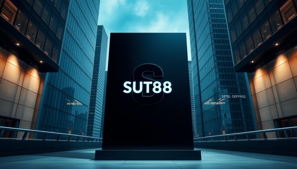 A sleek, modern online gambling platform, SUT88 stands prominently against a backdrop of sophisticated cityscape. The platform's logo, a bold monogram, is showcased in a minimalist, high-contrast design. The environment radiates a sense of technological innovation and digital security, with clean lines, smooth surfaces, and a cool color palette of blues and grays. Subtle lighting casts dramatic shadows, emphasizing the platform's sturdy, trustworthy presence. The composition balances the platform's central focus with peripheral architectural elements, creating a sense of depth and context. An air of professionalism and reliability pervades the scene, reflecting SUT88's commitment to safeguarding user information and providing a secure online gambling experience.