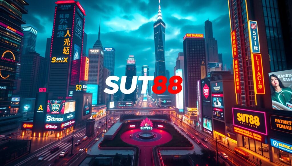 A sleek, modern online sports betting platform, SUT88 stands as a premier destination for sports enthusiasts. Set against a backdrop of a vibrant, neon-lit cityscape, the platform's intuitive interface and comprehensive betting options are showcased in a clean, minimalist design. The foreground features a central focus on the SUT88 logo, rendered in a bold, eye-catching style, while the middle ground showcases various sports icons and betting widgets, inviting the viewer to explore the platform's diverse offerings. The background is filled with a dynamic array of skyscrapers, neon signs, and a vibrant nighttime ambiance, creating a sense of energy and excitement that reflects the thrill of online sports betting. The overall scene is illuminated by a warm, cinematic lighting, capturing the platform's sleek and modern aesthetic.