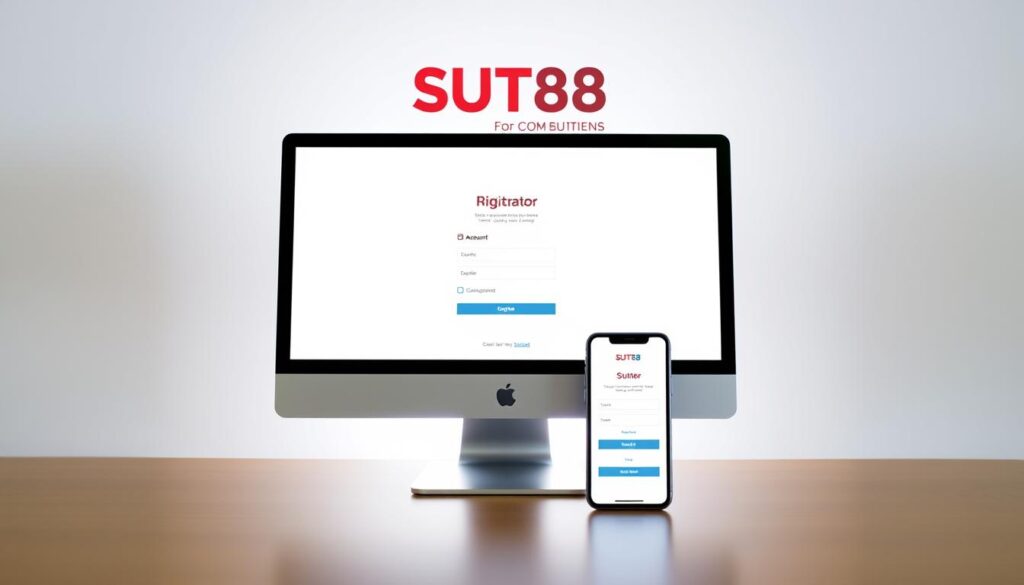 A sleek, modern registration process for the SUT88 platform. The foreground depicts a desktop computer displaying the account registration page, with clean lines, minimalist design, and a simple, user-friendly interface. The middle ground showcases a mobile device mirroring the same registration flow, highlighting the platform's cross-device compatibility. In the background, a stylized illustration of the SUT88 logo and branding elements creates a cohesive and professional atmosphere. The scene is illuminated by soft, diffused lighting, conveying a sense of clarity and approachability. The overall tone is one of efficiency, trust, and a seamless digital experience.