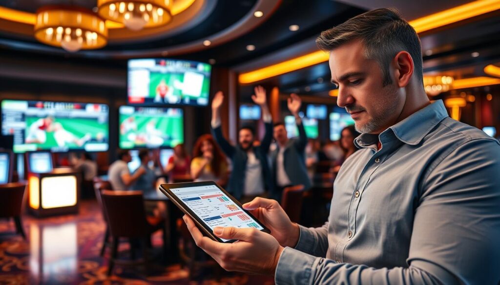 A sports betting skill game set in a modern casino environment. In the foreground, a confident gambler analyzes statistics and odds on a tablet device, their expression focused and determined. In the middle ground, a group of sports fans cheer excitedly as they monitor live match updates on large digital screens. The background depicts the sleek, sophisticated interior of the casino, with warm lighting, elegant furnishings, and a sense of high-stakes excitement. The overall atmosphere conveys the strategic mindset, real-time data-driven decision making, and thrill of long-term sports betting success.