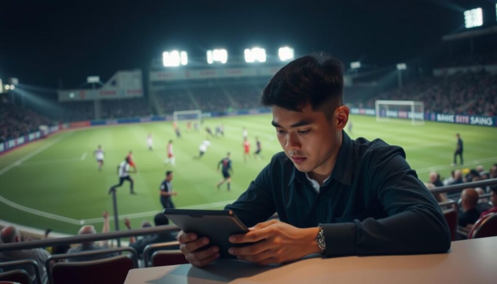 A sports stadium at night, with a football pitch illuminated by floodlights. On the field, players in uniforms are engaged in an intense match, their movements captured in a dynamic, action-packed scene. In the foreground, a bettor sits at a table, intently studying a tablet or smartphone, their face illuminated by the glow of the screen. The background is blurred, with the stadium's architecture and crowd providing a sense of atmosphere and anticipation. The lighting is dramatic, with shadows and highlights accentuating the tension and excitement of the moment. The overall tone evokes the thrill and expertise of effective sports betting on the SUT88 platform.