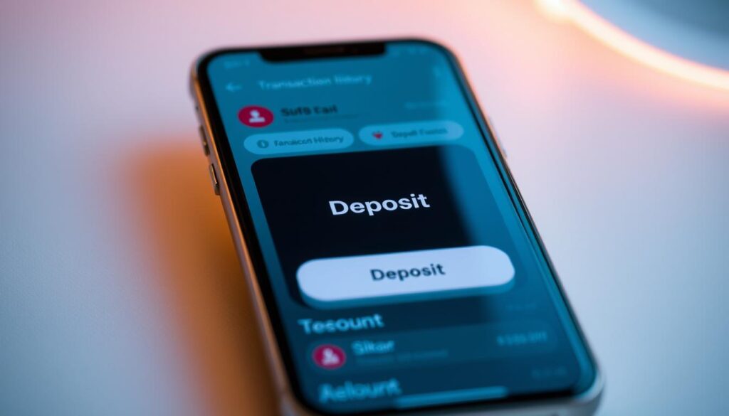A stylish and intuitive mobile app interface showcasing the smart process of depositing funds on the SUT88 platform. The interface features a sleek, minimalist design with a prominent &quot;Deposit&quot; button in the center, surrounded by neatly organized transaction history and account balance information. The overall atmosphere conveys a sense of efficiency, security, and user-friendliness, with a soft, warm lighting illuminating the display. The scene is captured from a slightly elevated angle, allowing the viewer to appreciate the clean, uncluttered layout and the seamless integration of the various UI elements.