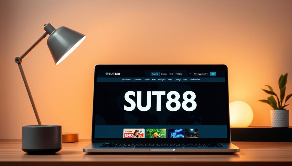 A stylish, minimalist desktop setup with a laptop or PC prominently displayed, showcasing the SUT88 website or application interface. The display has a clean, modern design with bold typography and intuitive navigation. Soft, warm lighting illuminates the scene, creating a cozy, inviting atmosphere. The background features a neutral, uncluttered environment, allowing the technology to take center stage. The overall composition conveys the ease and accessibility of accessing SUT88 on a personal computer.