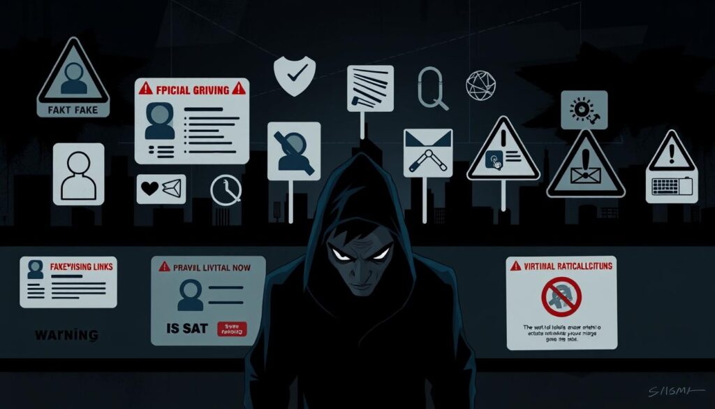 A stylized digital illustration depicting the warning signs of a SUT88 scam group. In the foreground, a nefarious-looking character with a deceptive expression lurks, their identity obscured by shadows. In the middle ground, various symbols and icons suggest the tactics used, such as fake social media profiles, phishing links, and fraudulent promotional materials. The background features a dark, ominous cityscape, hinting at the broader criminal infrastructure behind the scam. The lighting is dramatic, with moody chiaroscuro effects to convey a sense of danger and unease. The overall composition and color palette evoke a sense of suspicion and caution, aligning with the subject matter.