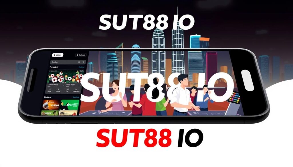 A stylized digital illustration of the SUT88 IO online betting platform. In the foreground, a sleek and modern user interface with intuitive navigation elements, showcasing the platform's range of betting options and services. In the middle ground, a group of people engaged in lively sports betting, their expressions animated with excitement. In the background, a vibrant cityscape with towering skyscrapers, neon lights, and a sense of urban dynamism. The overall composition conveys the seamless integration of technology, entertainment, and the thrill of online sports betting, all under the trusted SUT88 IO brand.