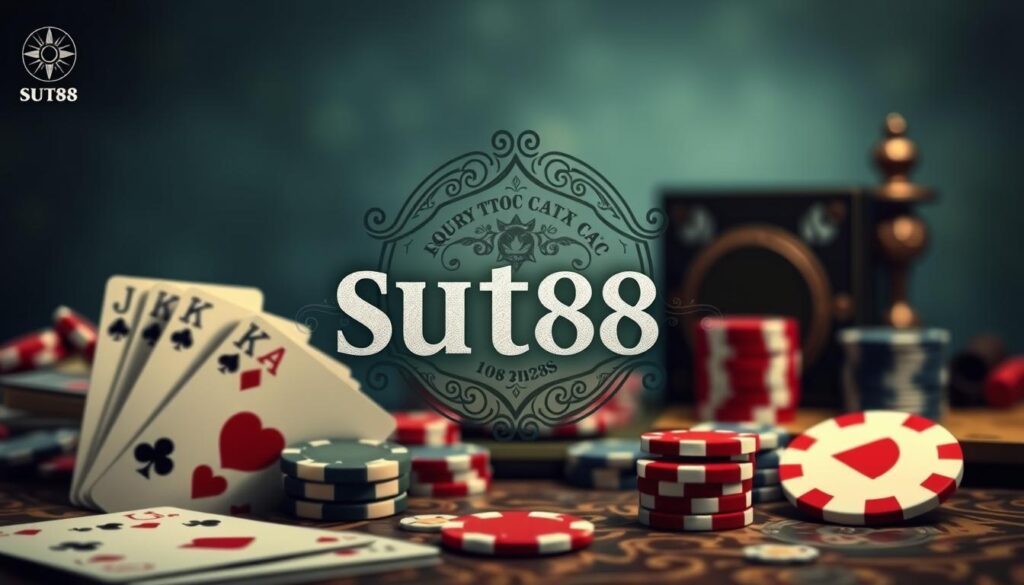 A stylized illustration of the &quot;quy tắc cá cược SUT88&quot; against a backdrop of gaming elements. In the foreground, a set of playing cards, poker chips, and a vintage-style game board form a visually arresting composition. The middle ground features a detailed rendering of the &quot;quy tắc cá cược SUT88&quot; text, with intricate patterns and subtle textures evocative of traditional Asian design. The background is a softly blurred, moody gradient of blues and greens, creating a sense of depth and atmosphere. The overall mood is one of thoughtful contemplation, inviting the viewer to ponder the rules and strategies of the SUT88 gaming experience.