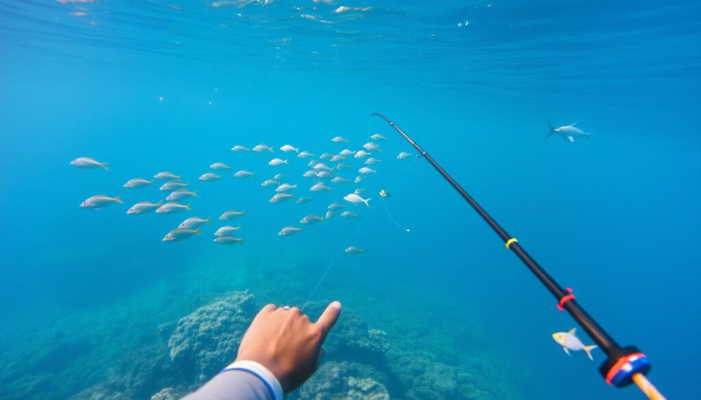 A tranquil underwater scene, with a school of vibrant tropical fish swimming gracefully amidst lush coral reefs. The lighting is soft and diffused, creating a serene, almost ethereal atmosphere. In the foreground, a skilled fisherman, poised with a harpoon, carefully aims at a prized target, leveraging the unique angle and depth of the water to maximize their accuracy and catch. The middle ground features a diverse array of marine life, from schools of smaller fish to the occasional larger predator, creating a dynamic and immersive environment. The background blends seamlessly into the expansive, azure depths of the ocean, hinting at the boundless possibilities and hidden treasures that await the seasoned angler.