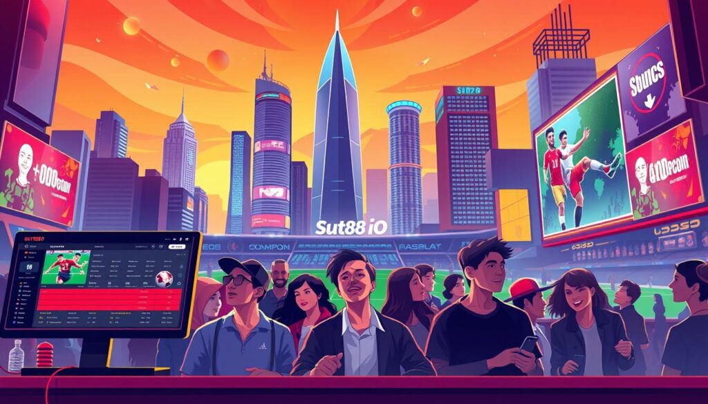A vibrant and captivating illustration of the sports betting platform SUT88 IO. In the foreground, a dynamic and engaging scene showcases the various betting options available, with sleek and modern UI elements prominently displayed. The middle ground features a group of enthusiastic bettors engrossed in the excitement of the live action, their expressions conveying the thrill of the experience. In the background, a cityscape with towering skyscrapers and neon-lit billboards sets the stage, creating a sense of urban energy and a bustling atmosphere. The lighting is warm and inviting, casting a soft glow over the entire scene and evoking a sense of anticipation and opportunity. The overall composition is well-balanced, with a strong focal point and a harmonious interplay of colors and shapes that draw the viewer's attention to the core elements of the SUT88 IO platform.
