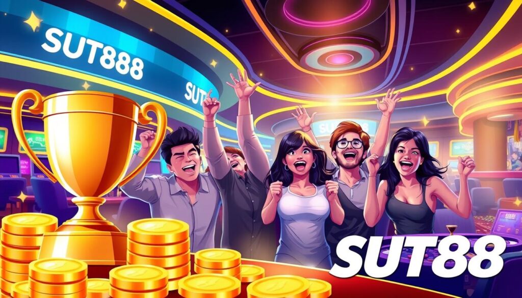 A vibrant and dynamic illustration showcasing the benefits of SUT88's promotional offers. In the foreground, a stack of gold coins and a shimmering trophy, symbolizing the financial rewards and recognition that can be obtained. In the middle ground, a group of excited people celebrating their winnings, their expressions radiating joy and satisfaction. In the background, a sleek and modern casino environment, with neon lights and a stylish ambiance, conveying the excitement and prestige of the SUT88 brand. The scene is illuminated by a warm, golden light, creating a sense of opulence and success. The overall composition conveys the thrill, the lucrative potential, and the sense of community that SUT88's promotional activities can provide.