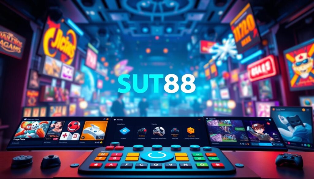 A vibrant and visually captivating image of the SUT88 IO online gaming platform. In the foreground, a sleek and modern user interface showcases a diverse array of engaging games, with smooth animations and striking color palettes. The middle ground features stylized icons and buttons, inviting the viewer to explore the platform's offerings. In the background, a dynamic and immersive environment sets the scene, with a sense of depth and movement that captures the excitement and energy of online gaming. The lighting is warm and inviting, creating a welcoming atmosphere that draws the viewer in. The overall composition and attention to detail convey the platform's commitment to providing a seamless and enjoyable gaming experience.