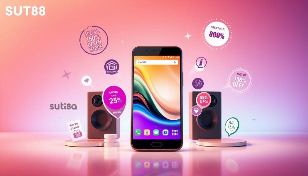 A vibrant and visually compelling image of the &quot;SUT88 Promotional Offer for July&quot;, showcasing its key highlights. Render a detailed, photorealistic scene of a modern, stylish smartphone or mobile device prominently displayed, surrounded by various eye-catching icons, badges, and design elements that convey the special offers, discounts, and benefits of the SUT88 promotion. Depict the device in a well-lit, softly-focused setting, with a minimalist, elegant background that complements the product and highlights its features. Incorporate a color palette of warm, inviting tones to create a visually striking and appealing illustration that captures the essence of the promotional campaign.