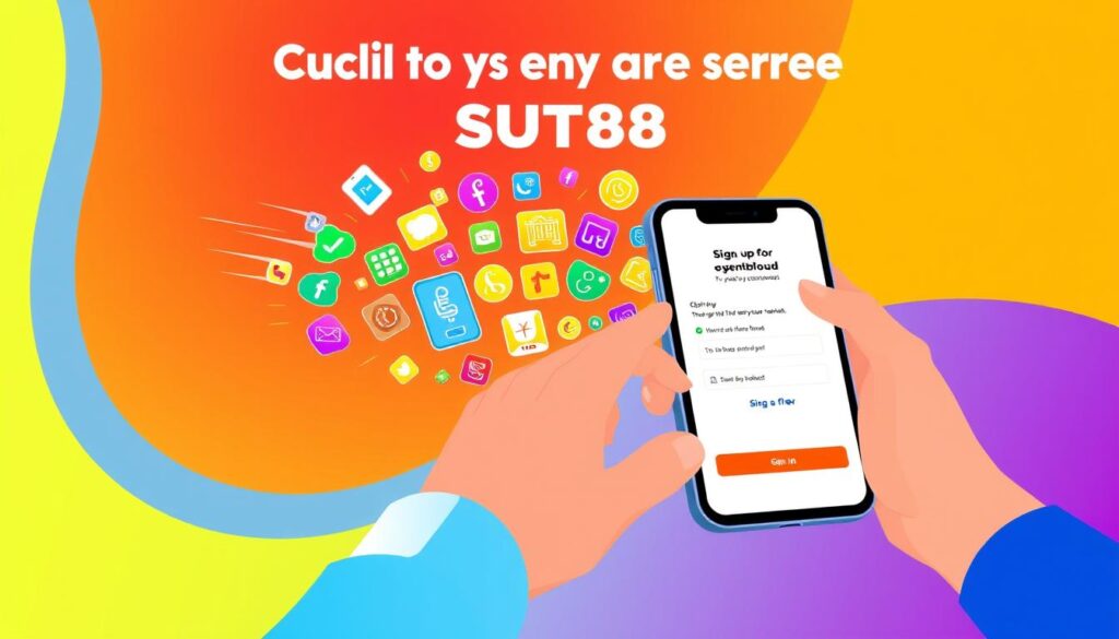 A vibrant digital illustration showcasing the process of quickly signing up for the SUT88 promotion. In the foreground, a person's hands swiftly navigating a mobile device, tapping and swiping with purpose. The screen displays a clean, user-friendly interface with clear call-to-action buttons and form fields. In the middle ground, a dynamic array of colorful, stylized icons and graphics representing the various features and benefits of the SUT88 platform. The background is a gradient of warm, energetic tones, creating a sense of momentum and excitement. The overall composition conveys a seamless, effortless experience of claiming the SUT88 promotion, with a visually striking and modern aesthetic.