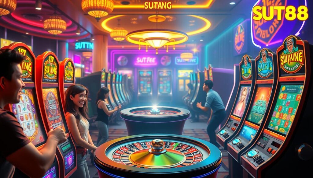 A vibrant game scene set in the digital world of SUT88, featuring a variety of simple yet captivating casino-style games. In the foreground, a group of players excitedly engage with slot machines, their faces aglow with the thrill of potential winnings. The middle ground showcases a roulette table, where the ball spins in anticipation of the next big payout. In the background, a lively atmosphere of neon lights and animated graphics creates an immersive, easy-to-win ambiance. The scene is bathed in a warm, inviting glow, drawing the viewer into the alluring world of SUT88's most accessible and rewarding games.