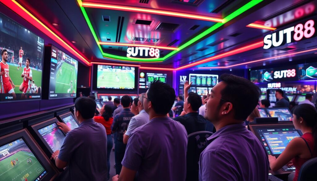 A vibrant, high-energy scene of various sports betting activities at the SUT88 sports betting platform. In the foreground, bettors excitedly watch live sporting events on large digital screens, their faces animated with anticipation. The middle ground features betting terminals where customers can place wagers on a wide range of sports, from football and basketball to horse racing and esports. In the background, the sleek, modern interior of the SUT88 betting hall is illuminated by neon accents and dynamic lighting, creating an immersive, technologically-advanced atmosphere. The overall mood is one of excitement, engagement, and the thrill of sports betting.